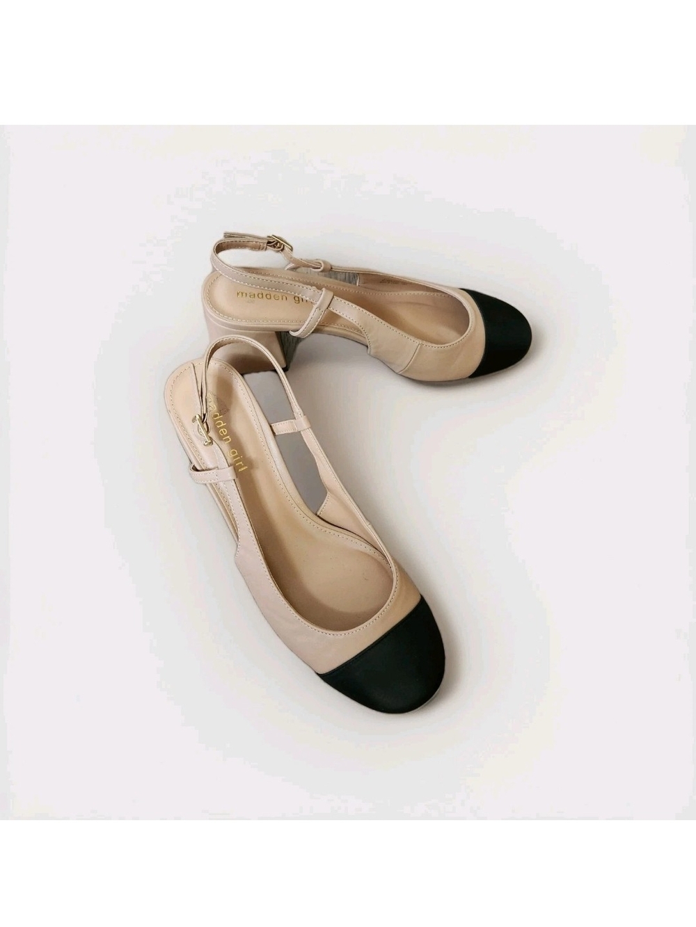 Madden Girl Kiitty Slingback Block Heel Pumps Beige Black Cap Toe Women 9.5 M - Picture 4 of 16